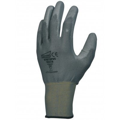 Mala de luva de proteção cinza com texto preto e punho elástico cinza amarelado