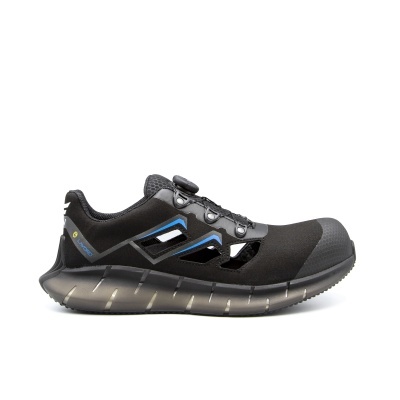 Sapato de segurança preto com detalhes azuis e sola preta e cinza