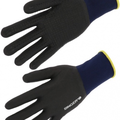 Par de luvas de trabalho pretas com punhos azuis e amarelos e texto SINGER