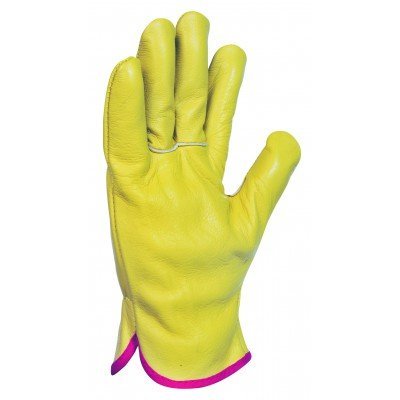 Luva de trabalho amarela em couro com acabamento em rosa