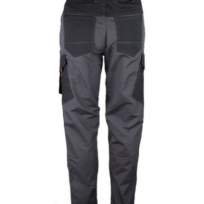 Calças de trabalho cinzento escuro com reforços pretos e detalhes vermelhos