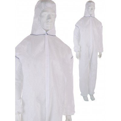 Macacão de proteção branco com capuz, manga comprida e fecho central, em manequim