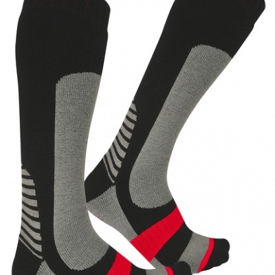 Meias desportivas compridas preto, cinzento e vermelho com reforços e padrões distintos