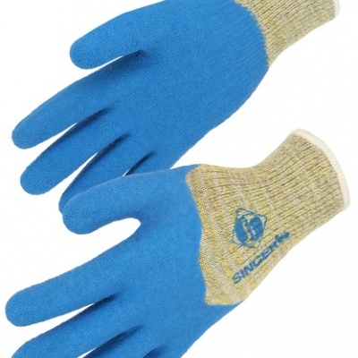 Par de luvas de trabalho com palma azul e parte superior cinza com marca SINGFIRE