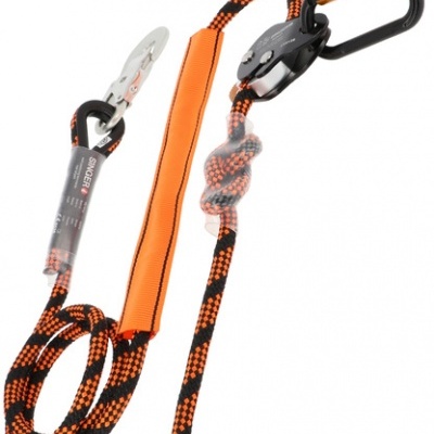 Corda de segurança preta e laranja com mosquetão e proteção acolchoada