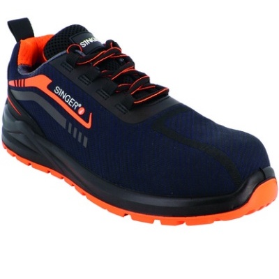 Tênis desportivo azul escuro com detalhes em laranja e cinzento e logótipo SINGER