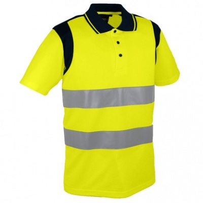 Polo alta visibilidade amarelo com faixas refletoras cinzentas e detalhes a preto