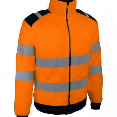 Casaco de segurança laranja com faixas refletoras cinzentas e punhos pretos