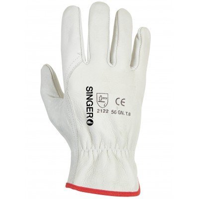 Luva branca de pele para trabalho com detalhes vermelhos e texto preto