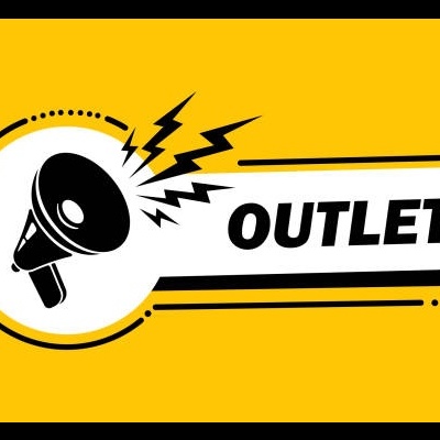 Imagem gráfica com megafone preto e texto OUTLET num fundo amarelo