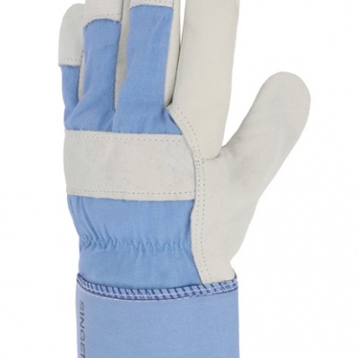 Luva de trabalho azul e bege com punho azul claro reforçado