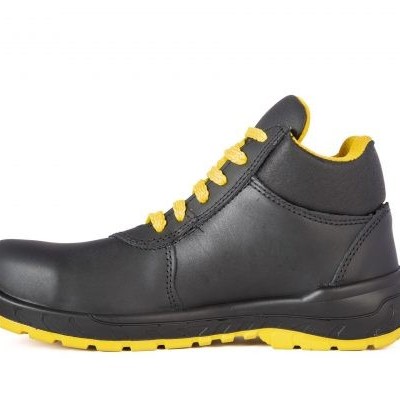 Bota de segurança preta com detalhes amarelos