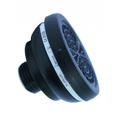 Filtro de respirador preto com faixa branca e inscrições