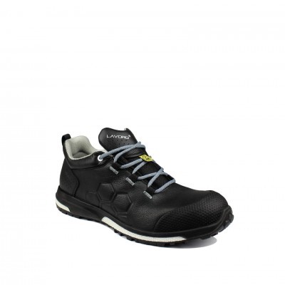 Tênis de segurança preto com cadarços cinza e detalhe hexagonal