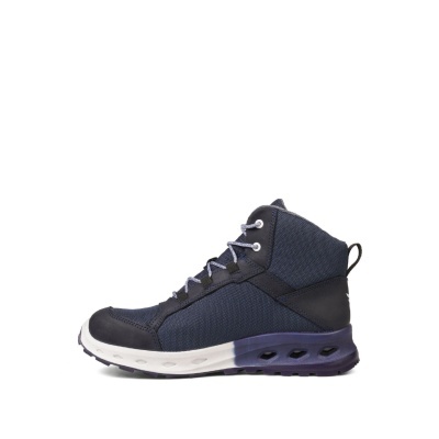 Bota azul escura de alta cano com cadarços cinza e sola branca