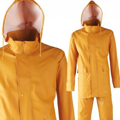 Conjunto impermeável amarelo com casaco de capuz e calças