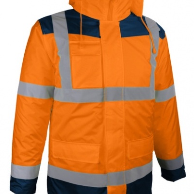 Casaco de alta visibilidade laranja e azul com faixas refletoras e capuz