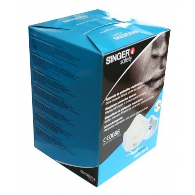 Caixa azul de máscaras faciais brancas com texto e imagem da máscara