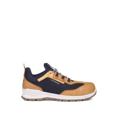 Tênis de trabalho azul escuro com detalhes castanhos e sola branca