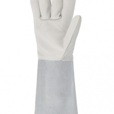 Luva de proteção branca com extensão cinzenta para o pulso
