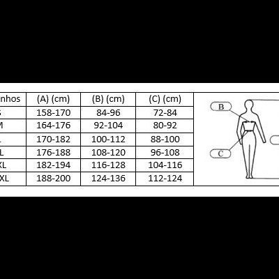 Tabela de tamanhos com medidas para roupas de S a XXXL