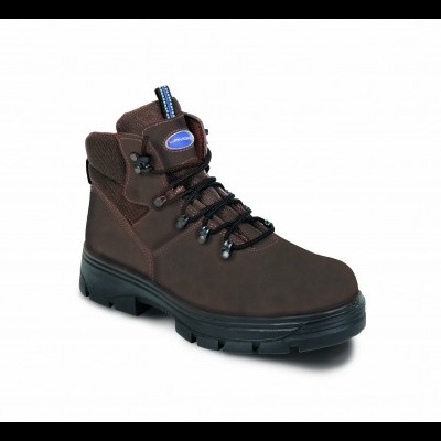 Bota de caminhada castanha com sola preta e atacadores pretos com detalhes azuis