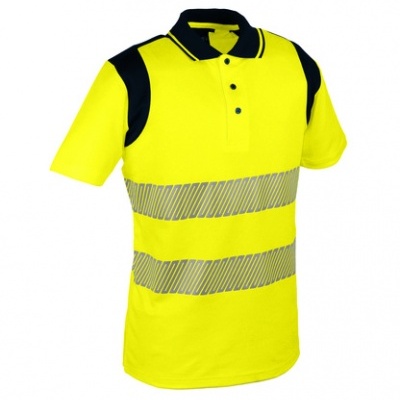 Polo amarelo de alta visibilidade com refletivos cinzentos e detalhes pretos