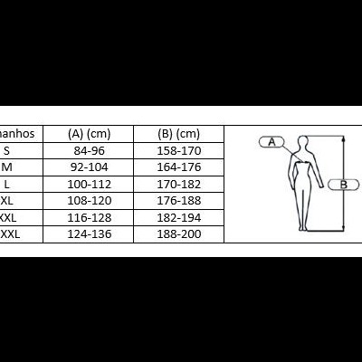 Tabela de tamanhos com medidas em cm e ilustração de pessoa a medir.