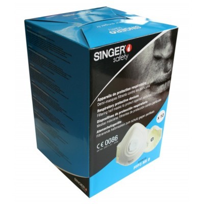 Embalagem do produto 'SINGER safety' com máscara respiratória FP70 tipo D e 10 unidades