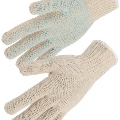 Luvas de malha bege com pontos antiderrapantes azuis
