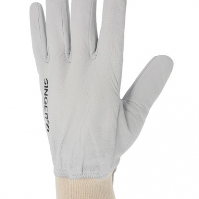 Luva cinzenta clara de couro com punho bege e texto SINGER