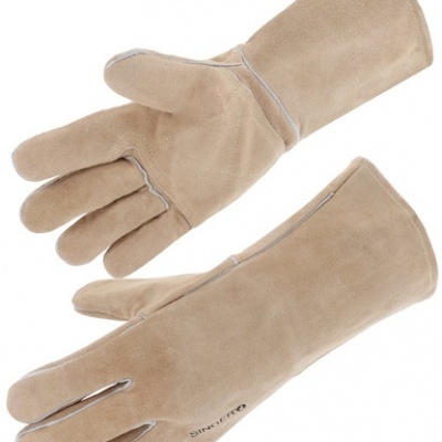 Luvas compridas bege de camurça com costuras cinzentas e texto SINATRA