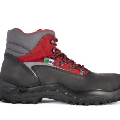 Bota de segurança preta, vermelha e cinza com sola preta