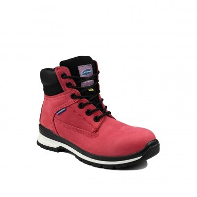 Bota de trabalho vermelha com detalhes pretos e sola branca e preta