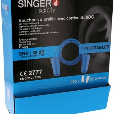 Embalagem de tampões para os ouvidos com cordão da marca SINGER
