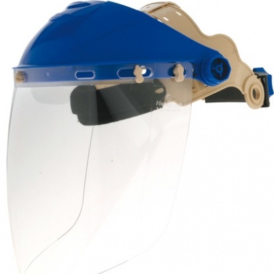 Máscara facial de proteção com viseira transparente e suporte azul e bege