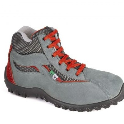 Botas de segurança cinza com atacadores vermelhos e sola preta