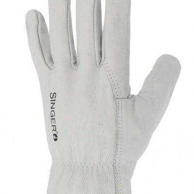 Luva branca de couro com costuras e texto SINGER