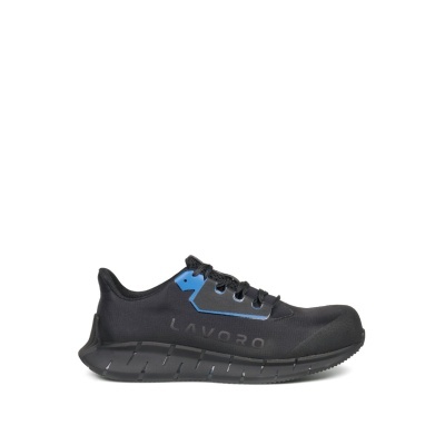 Ténis de trabalho pretos com detalhes azuis e sola preta