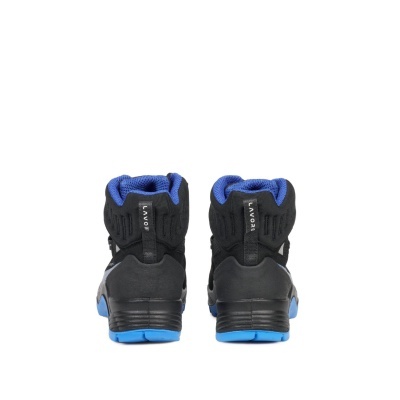 Botas pretas com detalhes azuis e sola azul vista de trás