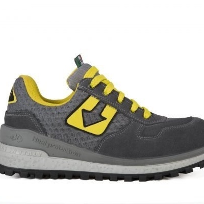 Sapatilha desportiva cinza e amarela com sola branca e preta