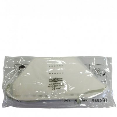 Máscara de proteção respiratória branca numa embalagem plástica transparente