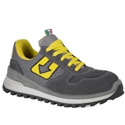 tênis desportivo cinza com detalhes amarelos e atacadores amarelos