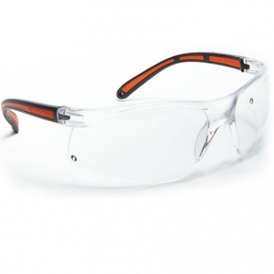 Óculos de protecção transparentes com armação preta e detalhes laranja
