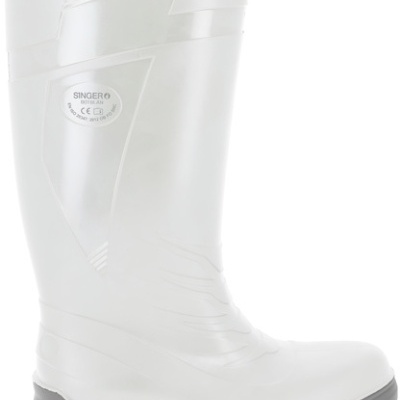 Bota branca de borracha com sola preta e selo oval com texto