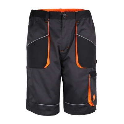 calções de trabalho pretos com detalhes laranja e bolsos grandes