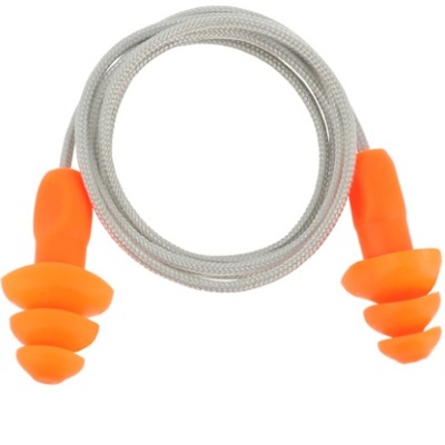 Tampões de ouvido laranja com cordão cinzento