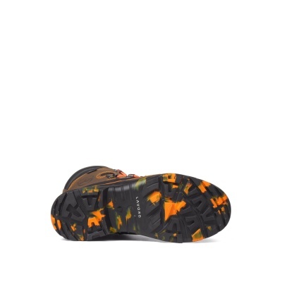 Bota de trabalho castanha com sola preta e detalhes em laranja e verde