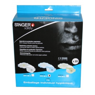 Caixa azul e preta de dispositivos de proteção respiratória Singer Safety com texto e imagens de máscaras