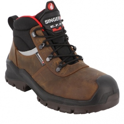 Bota de trabalho castanha e preta com detalhes vermelhos e cinzentos